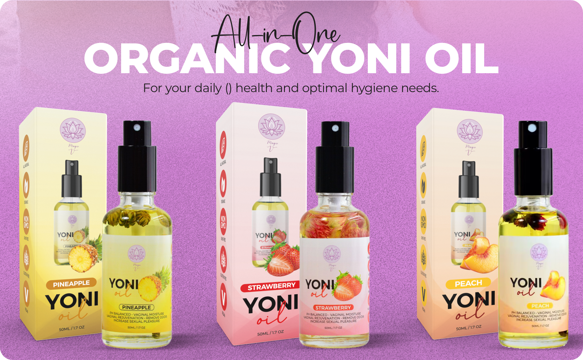Magic V hydrating yoni oil spray with strawberry scent for feminine care and freshness