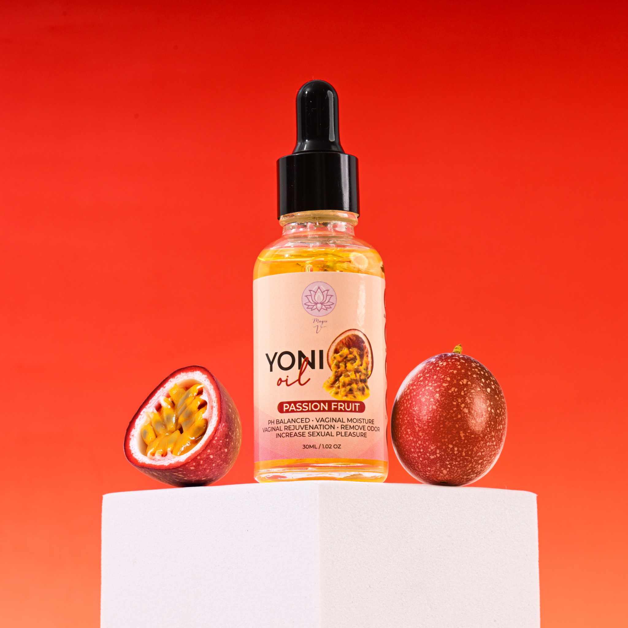 Hydrating yoni oil bottle with passion fruit for feminine care and intimate wellness.