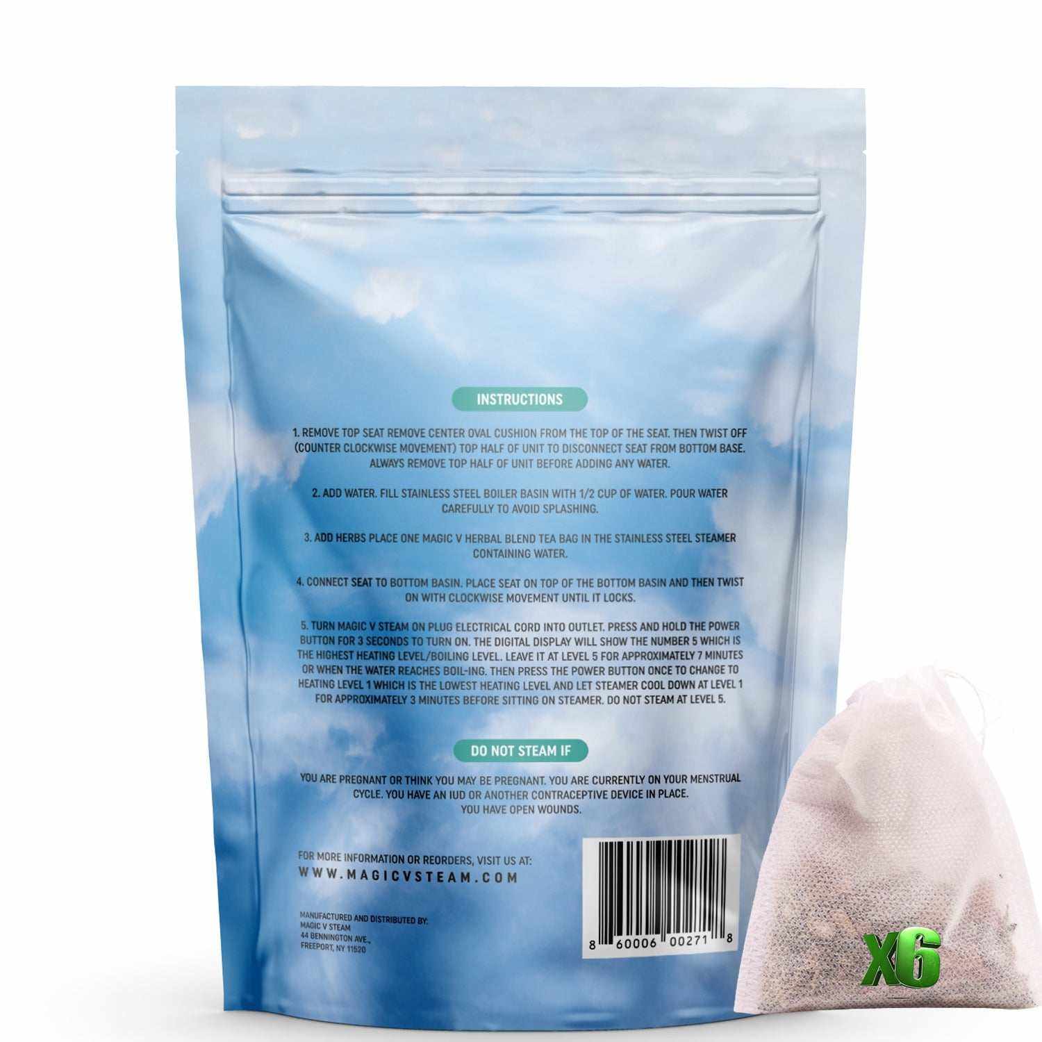 Magic V Steam Serenity Herbs blend with 6 herbal tea bags for vaginal steaming, natural menstrual relief, and easy cleanup