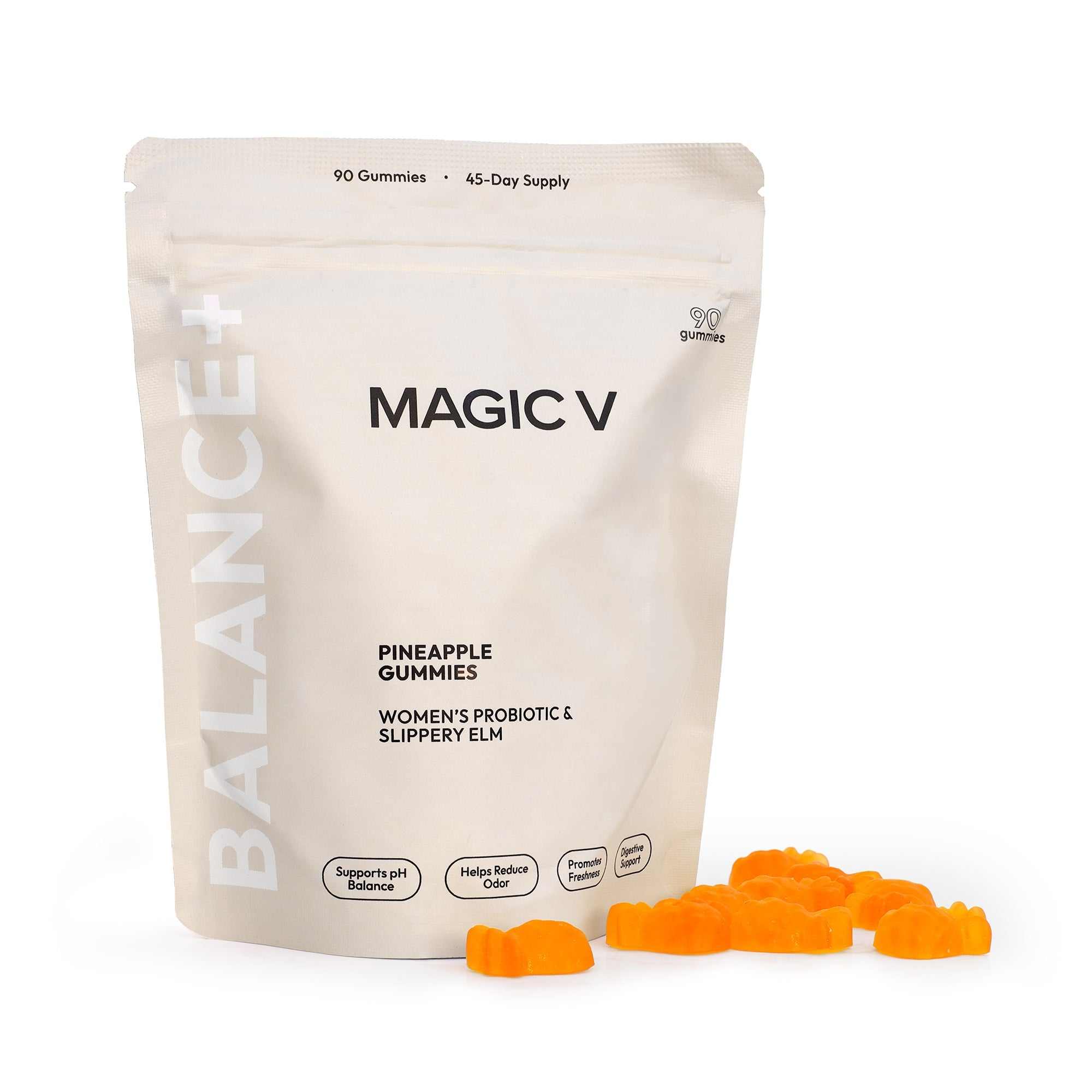 Premium Feminine Balance Gummies for vaginal health, pH support, immunity, and hormonal balance in tropical pineapple flavor, vegan and gluten-free.