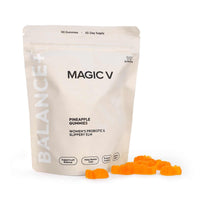 Premium Feminine Balance Gummies for vaginal health, pH support, immunity, and hormonal balance in tropical pineapple flavor, vegan and gluten-free.