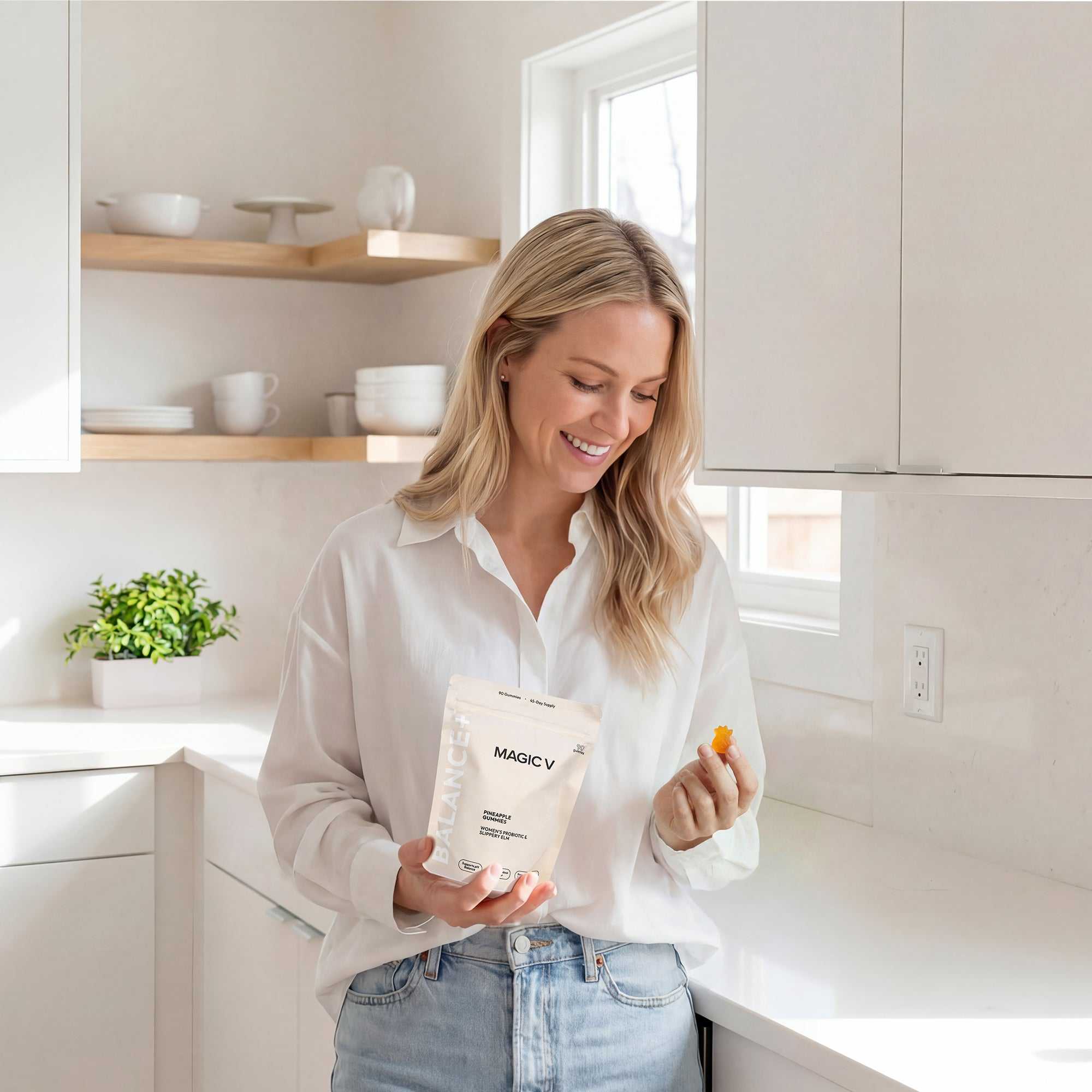 Premium Feminine Balance Gummies for women's vaginal health, pH balance, immunity, and hormonal wellness in tropical pineapple flavor, vegan and gluten-free.