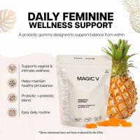 Premium Feminine Balance Gummies for vaginal health, pH support, immunity, and hormonal balance, tropical pineapple flavor, vegan and gluten-free.