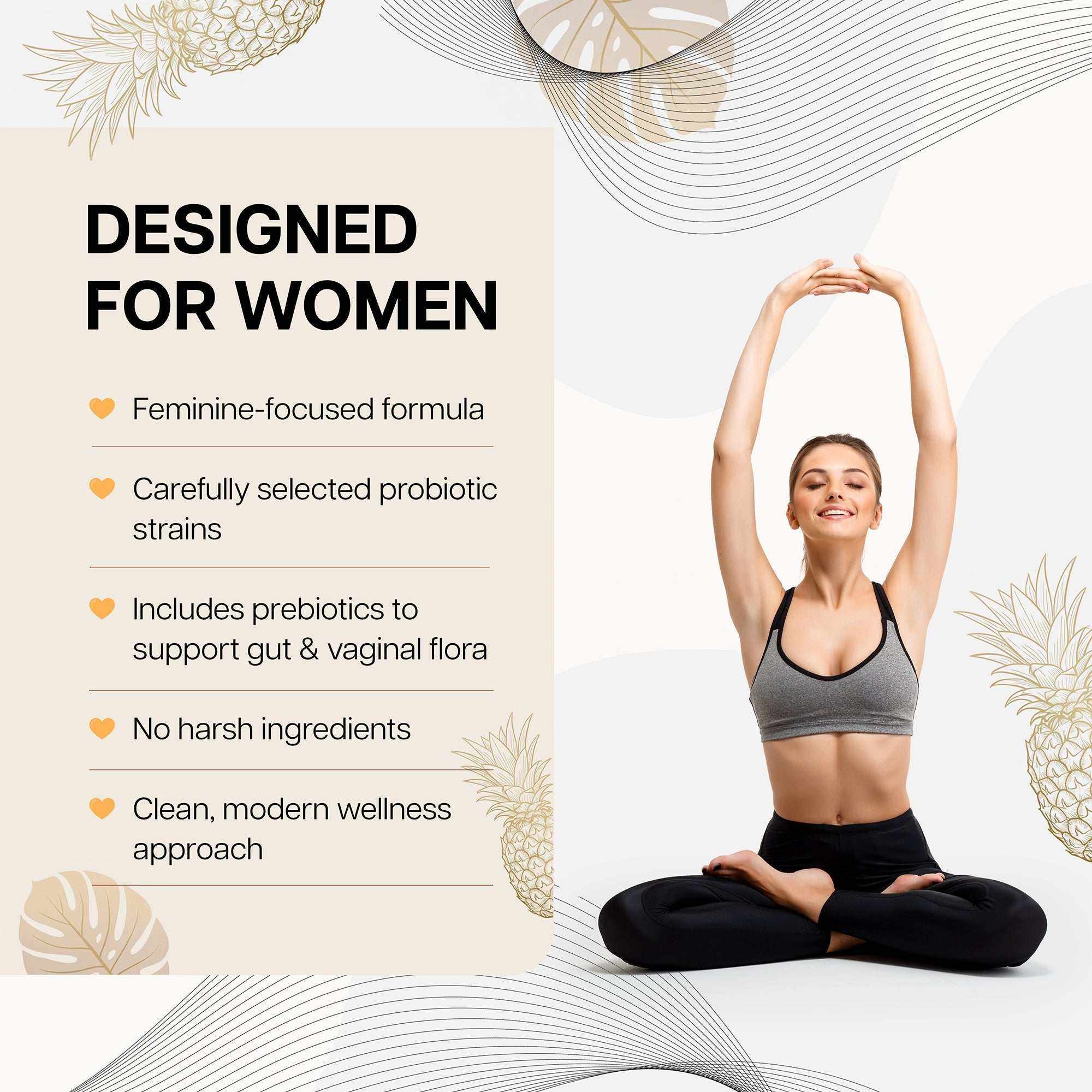 Premium Feminine Balance Gummies for vaginal health, pH support, immunity, and hormonal balance in tropical pineapple flavor, vegan and gluten-free.