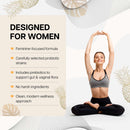 Premium Feminine Balance Gummies for vaginal health, pH support, immunity, and hormonal balance in tropical pineapple flavor, vegan and gluten-free.