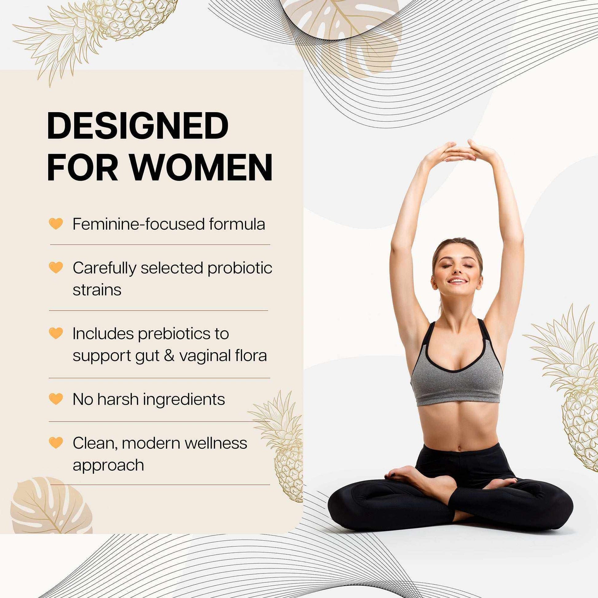Premium Feminine Balance Gummies for vaginal health, pH support, immunity, and hormonal balance in tropical pineapple flavor, vegan and gluten-free.