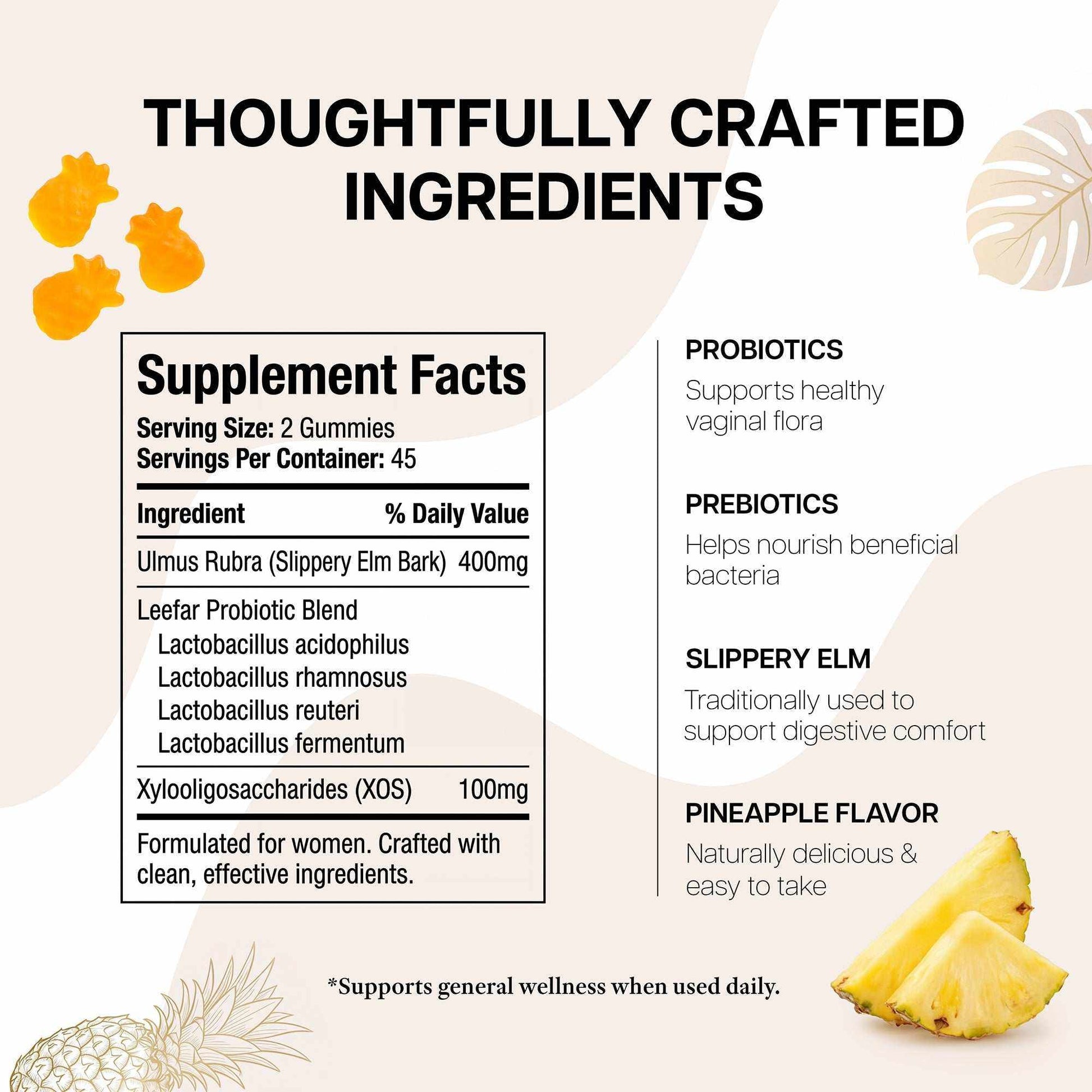 Premium Feminine Balance Gummies for vaginal health, pH support, immunity, and hormonal balance with tropical pineapple flavor, vegan and gluten-free.
