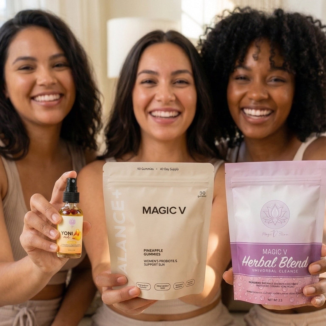 Three women holding 'MAGIC V' and 'Herbal Blend' products in a bright room.