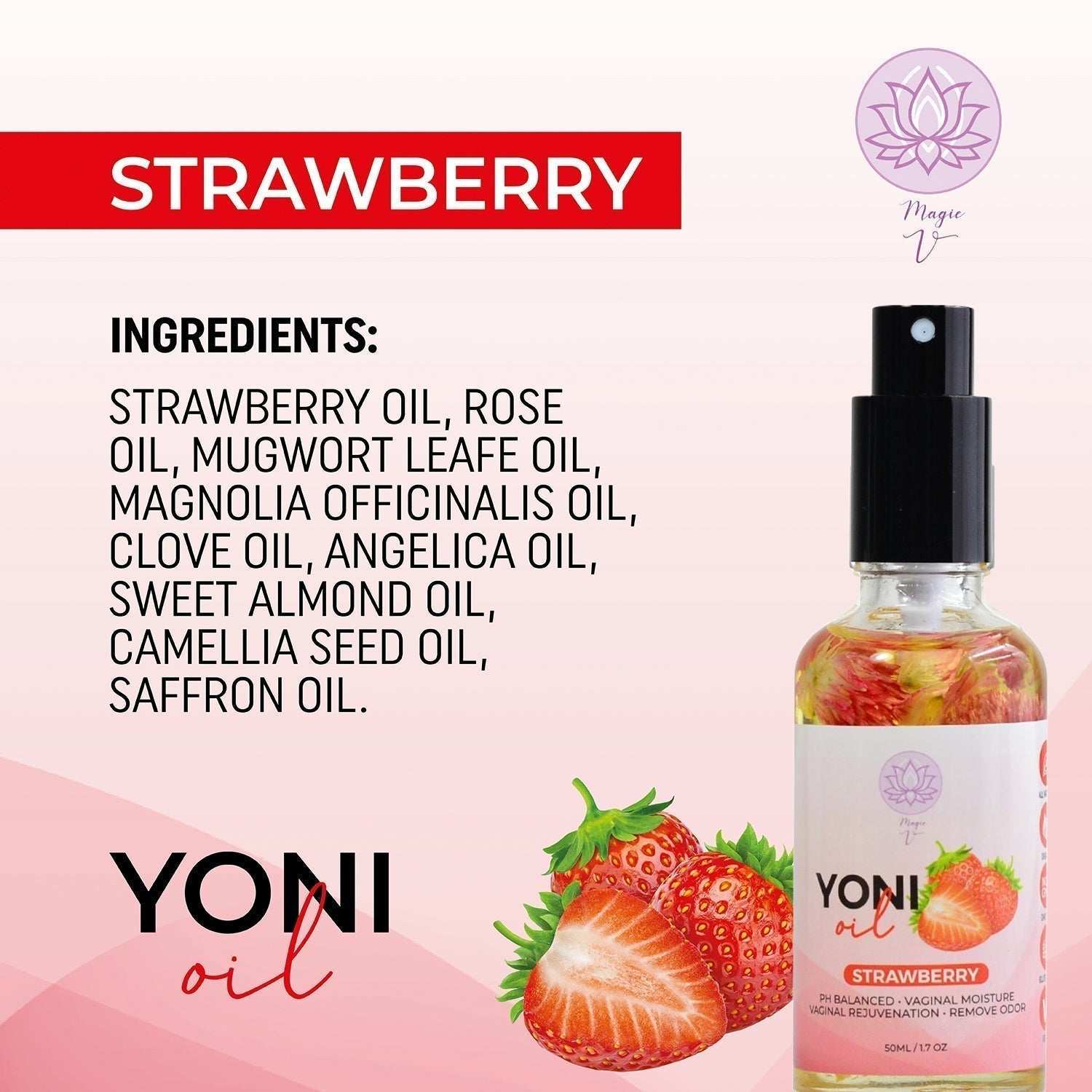 Magic V hydrating yoni oil spray with strawberry scent for feminine care and freshness